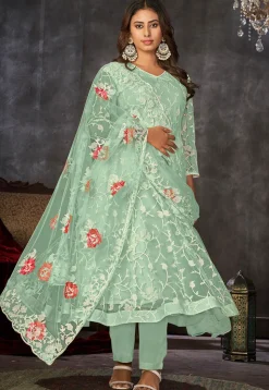 Embroidered Net Anarkali Suit in Sea Green