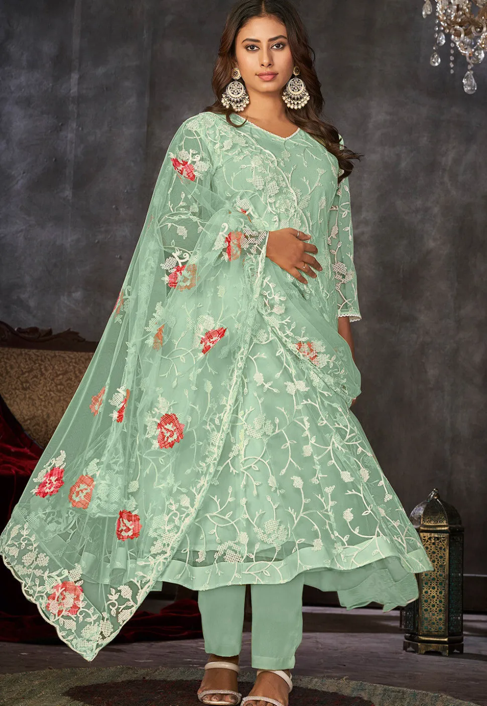 Embroidered Net Anarkali Suit in Sea Green