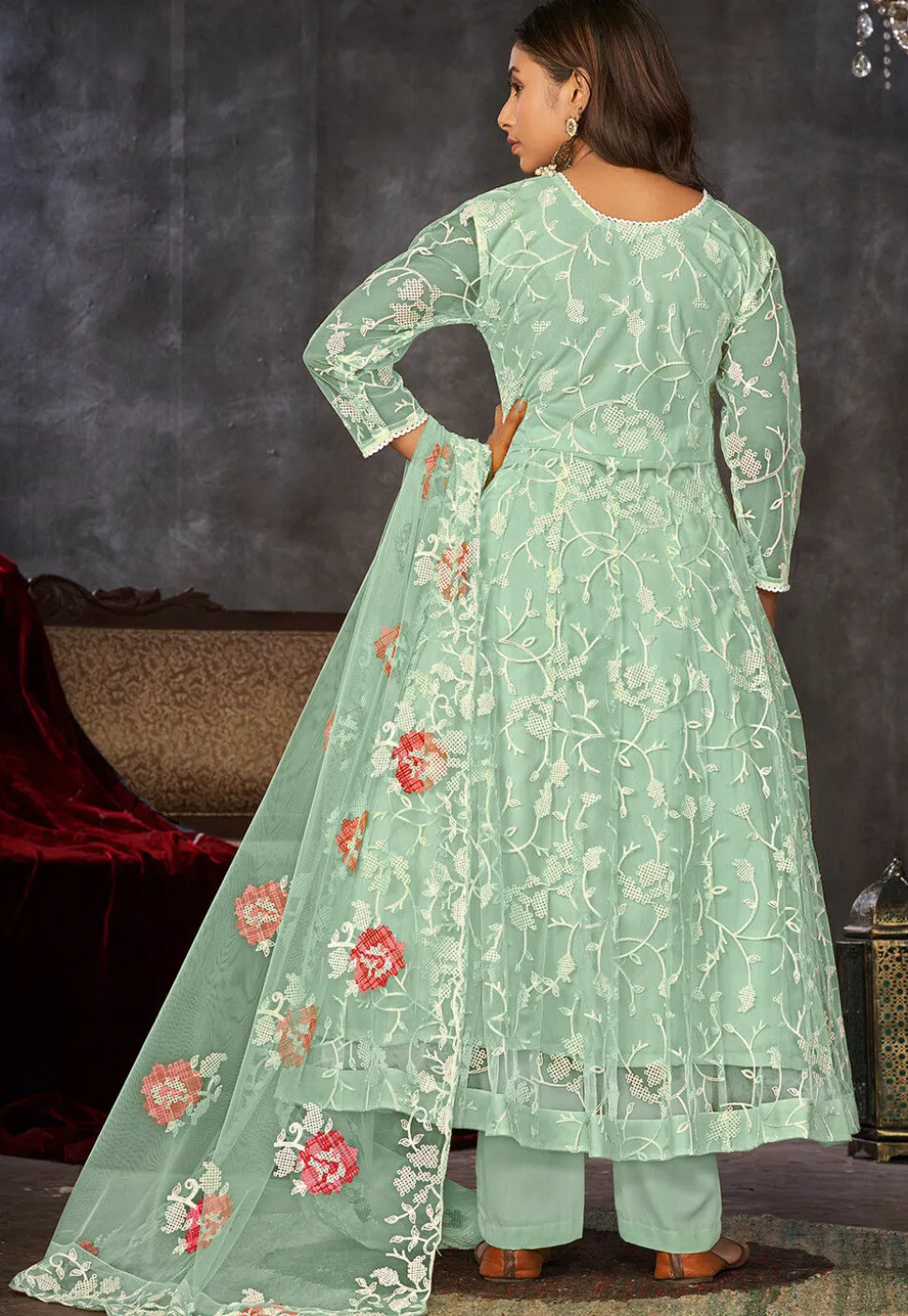 Embroidered Net Anarkali Suit in Sea Green