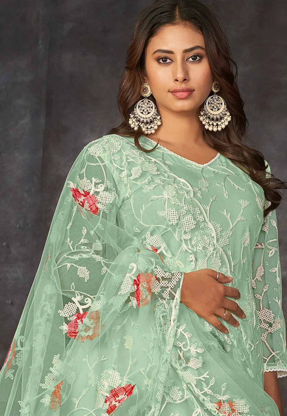 Embroidered Net Anarkali Suit in Sea Green