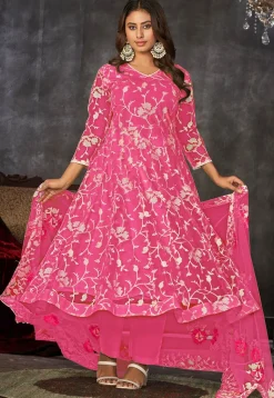 Embroidered Net Anarkali Suit in Pink