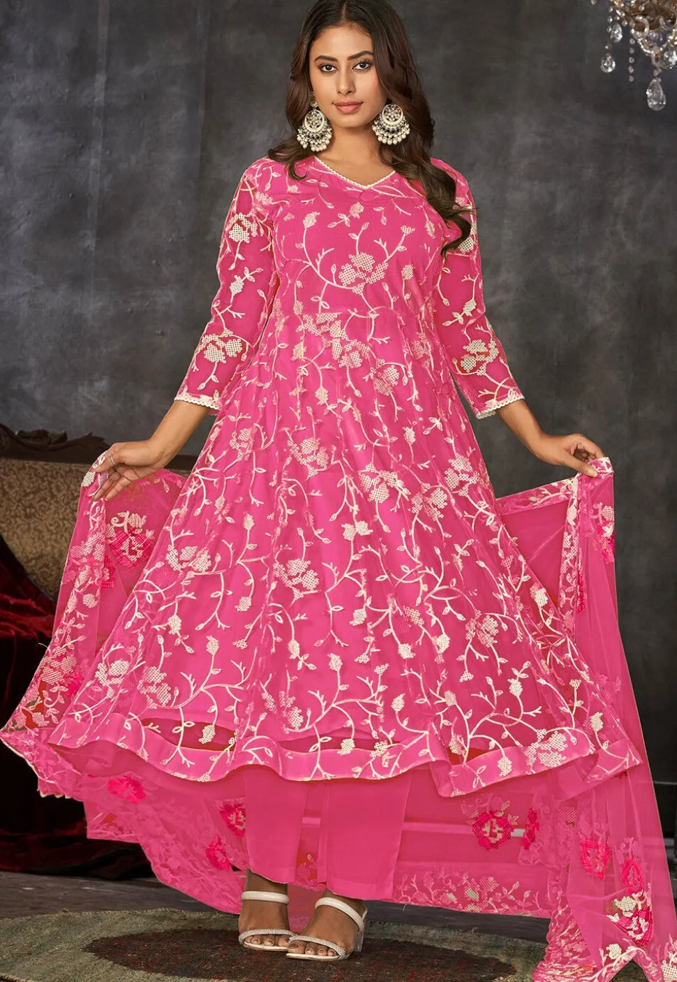 Embroidered Net Anarkali Suit in Pink
