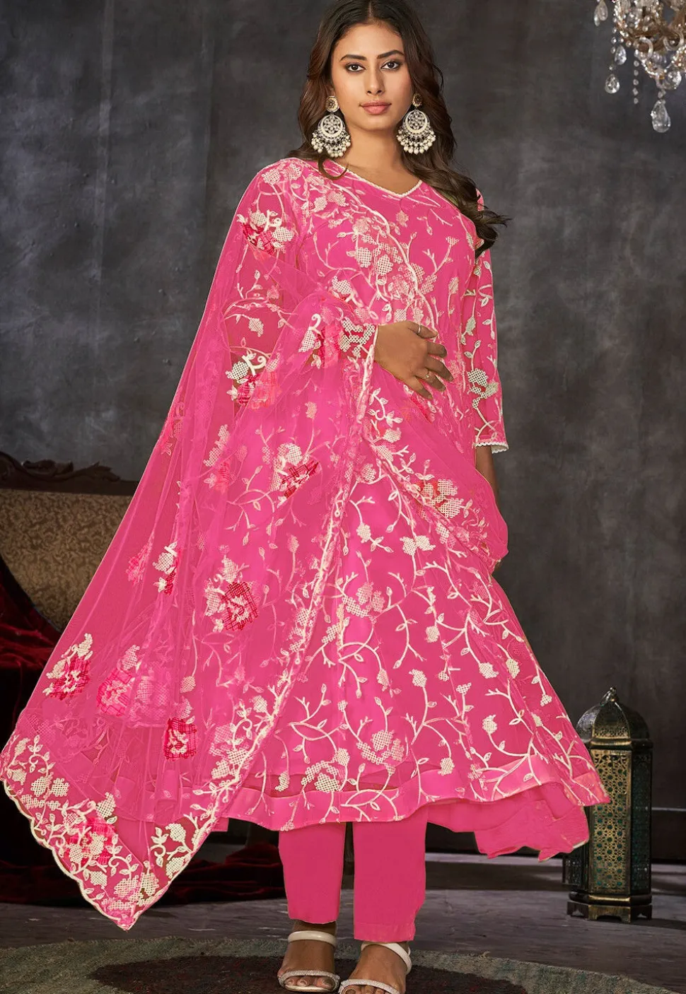 Embroidered Net Anarkali Suit in Pink