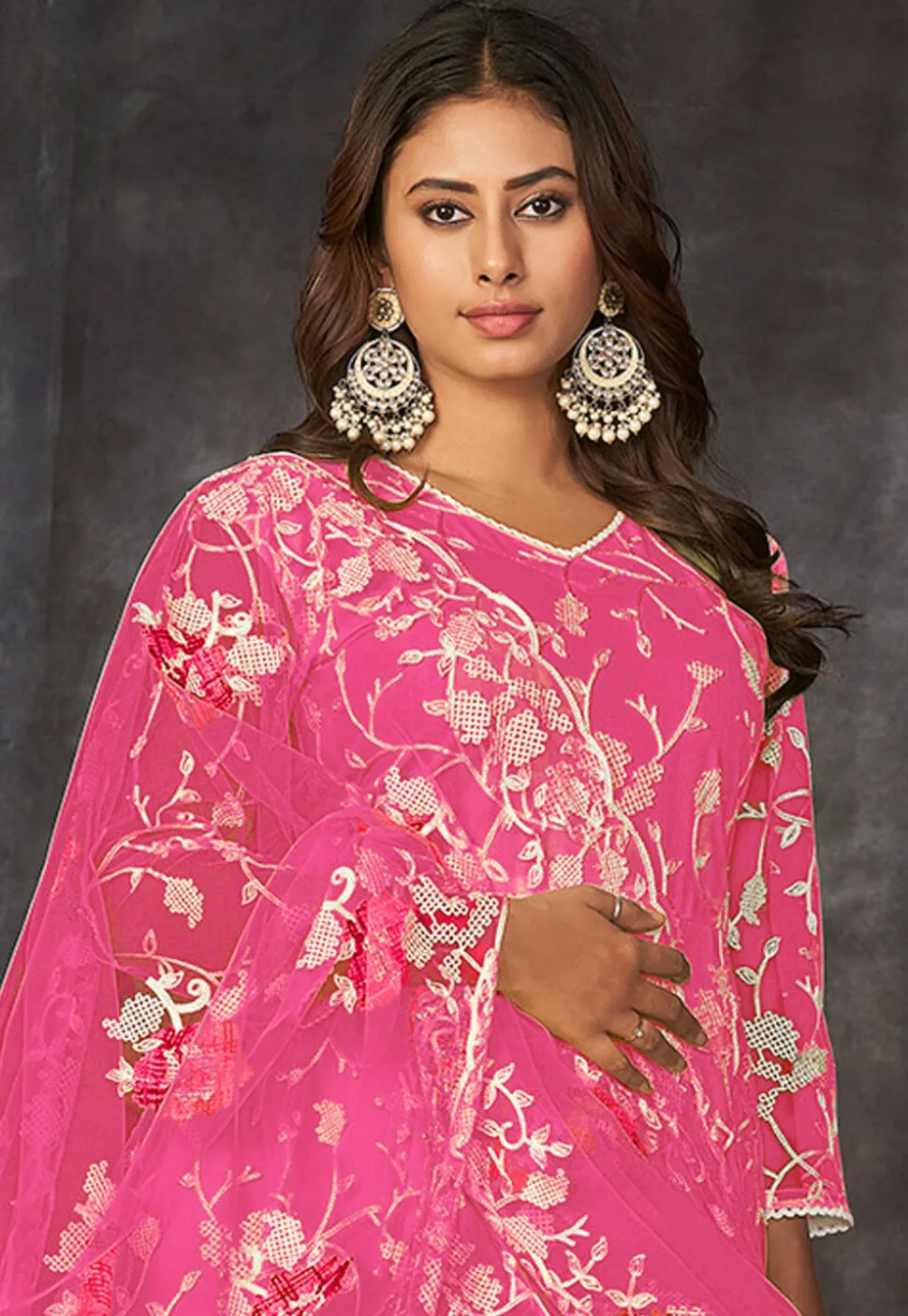 Embroidered Net Anarkali Suit in Pink