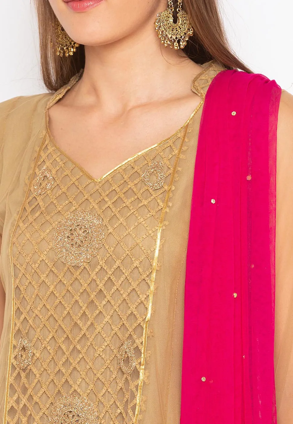Embroidered Net Anarkali Suit in Beige and Fuchsia