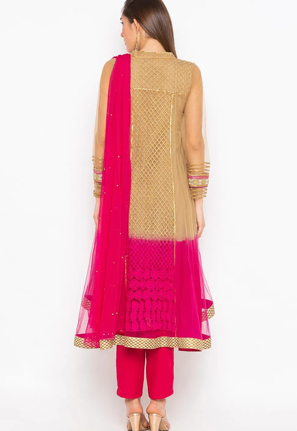 Embroidered Net Anarkali Suit in Beige and Fuchsia