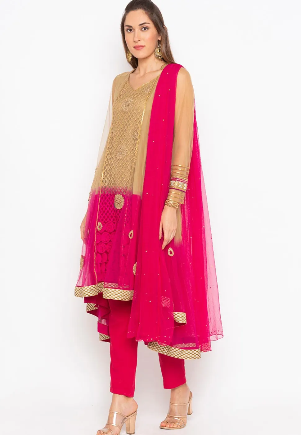 Embroidered Net Anarkali Suit in Beige and Fuchsia