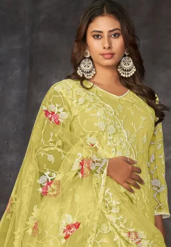 Embroidered Net Anarkali Suit in Yellow