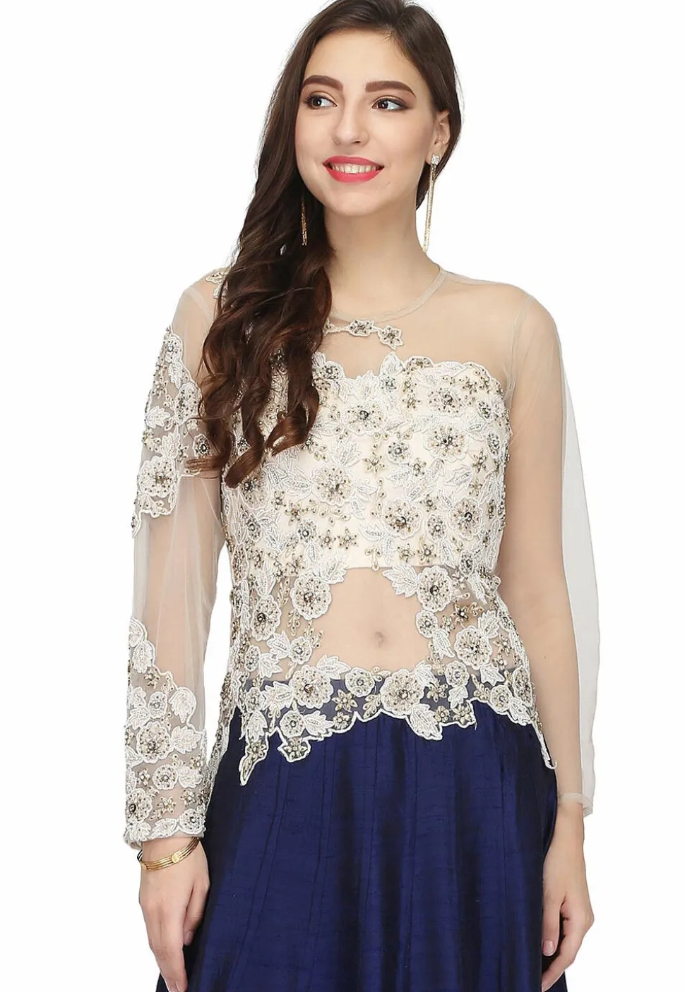 Embroidered Net and Art Silk Gown in Navy Blue and off white