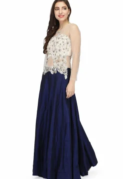 Embroidered Net and Art Silk Gown in Navy Blue and off white