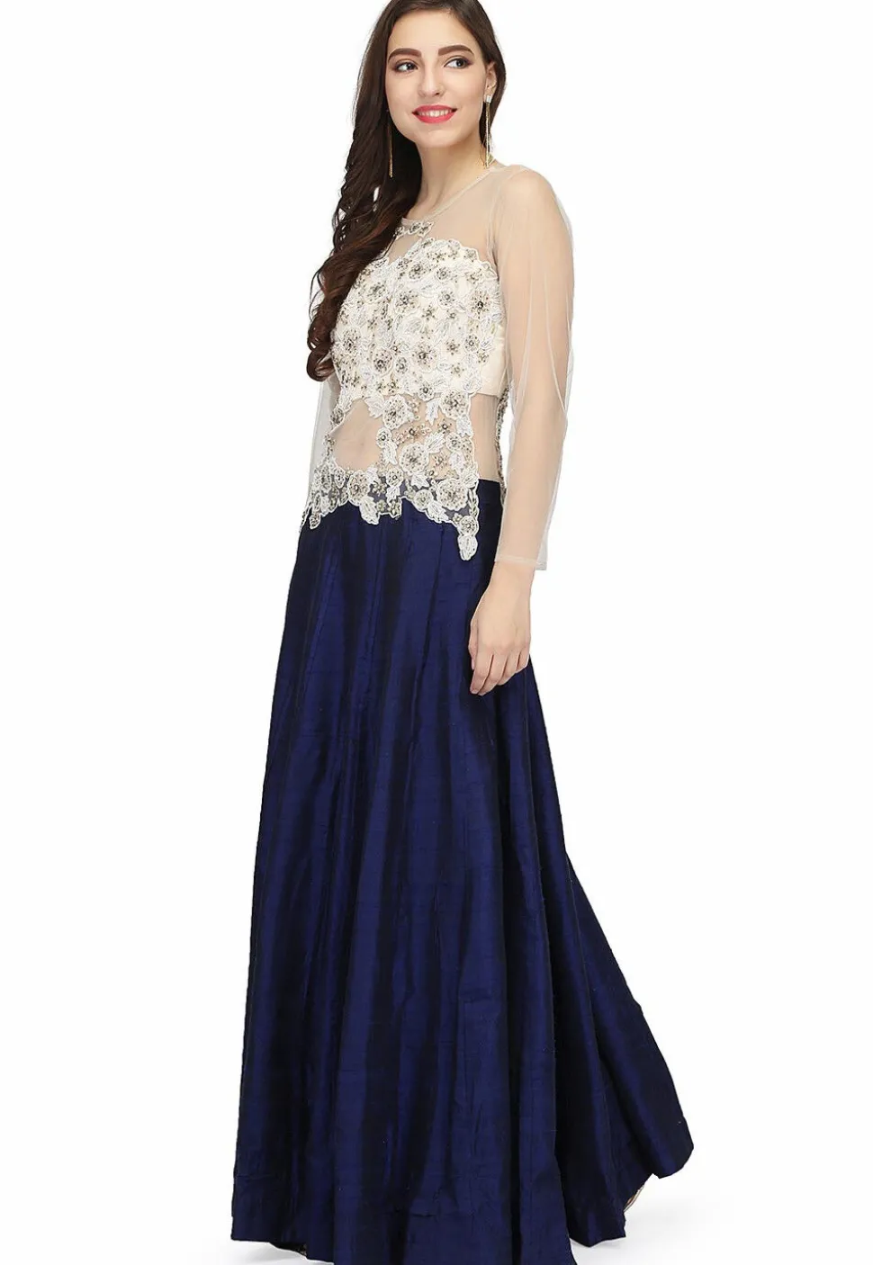 Embroidered Net and Art Silk Gown in Navy Blue and off white