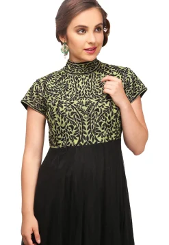 Embroidered Net and Satin Abaya Style Suit in Black
