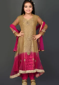 Embroidered Net Asymmetric Anarkali Suit in Shaded Beige and Fuchsia