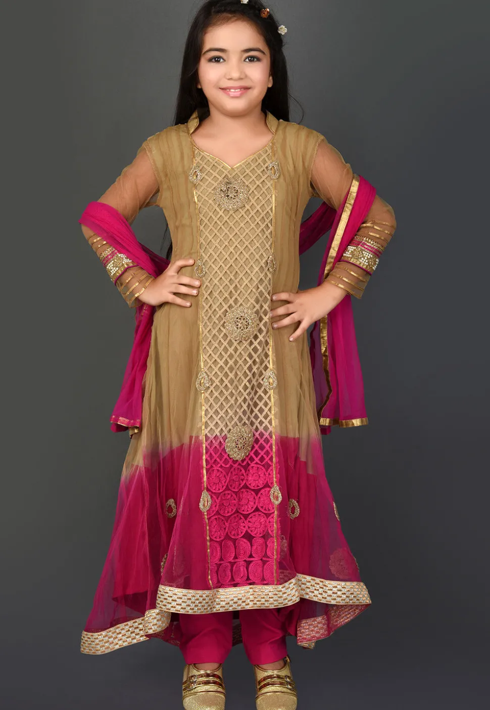 Embroidered Net Asymmetric Anarkali Suit in Shaded Beige and Fuchsia