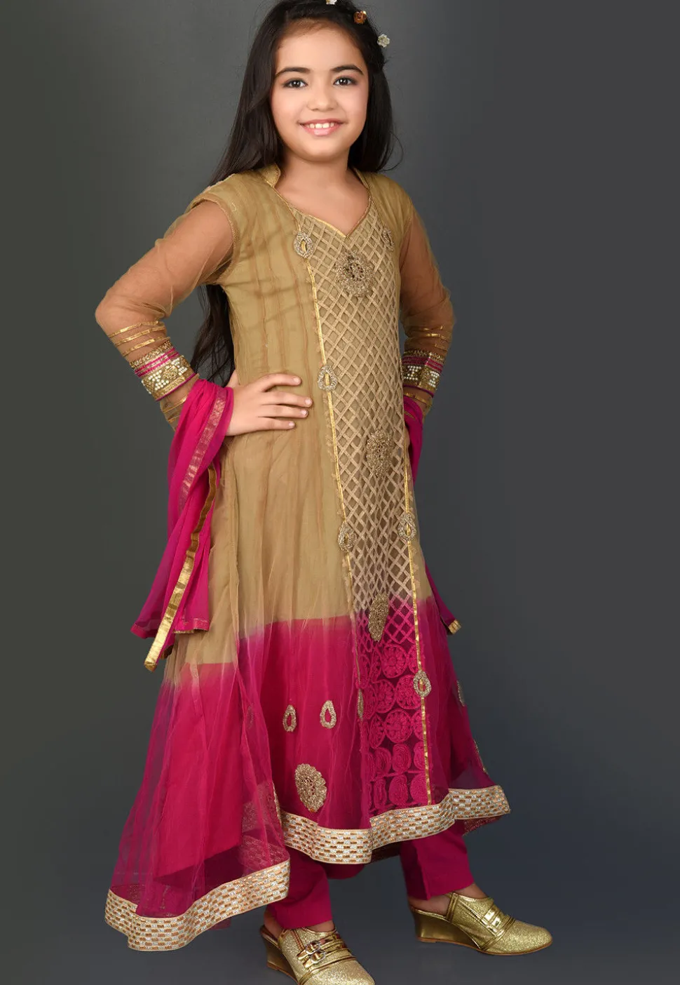 Embroidered Net Asymmetric Anarkali Suit in Shaded Beige and Fuchsia