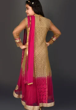 Embroidered Net Asymmetric Anarkali Suit in Shaded Beige and Fuchsia