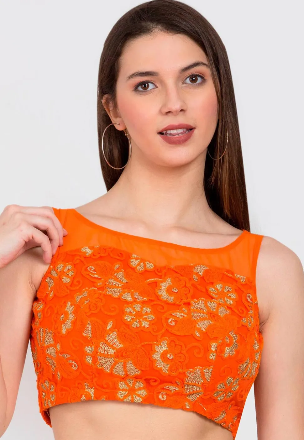 Embroidered Net Blouse in Orange