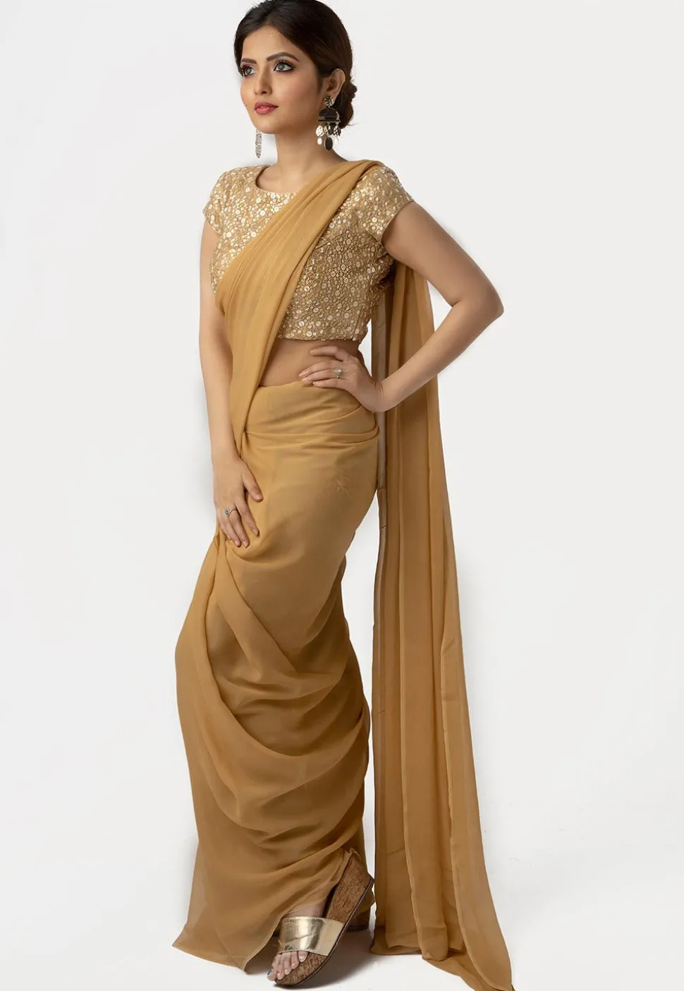 Embroidered Net Blouse in Beige