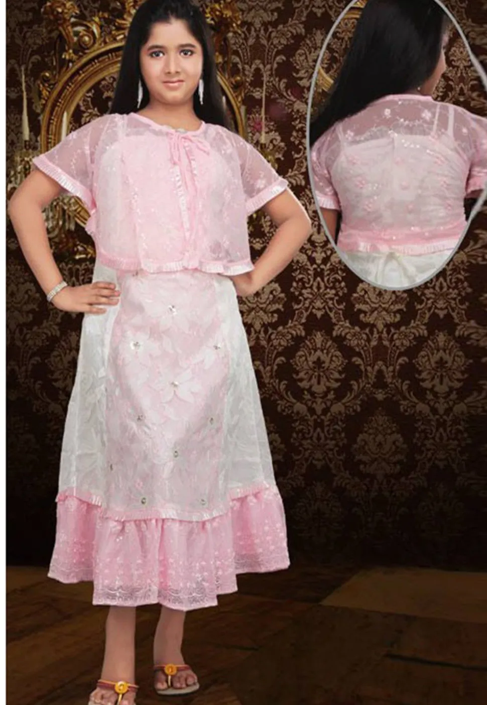 Embroidered Net Cape Style Gown in Baby pink and White
