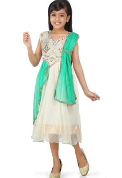 Embroidered Net Dress in Off White and Sea Green