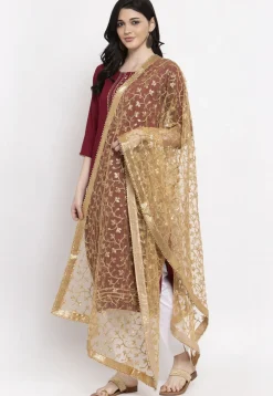Embroidered Net Dupatta in Beige