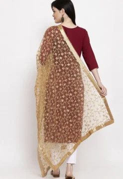 Embroidered Net Dupatta in Beige