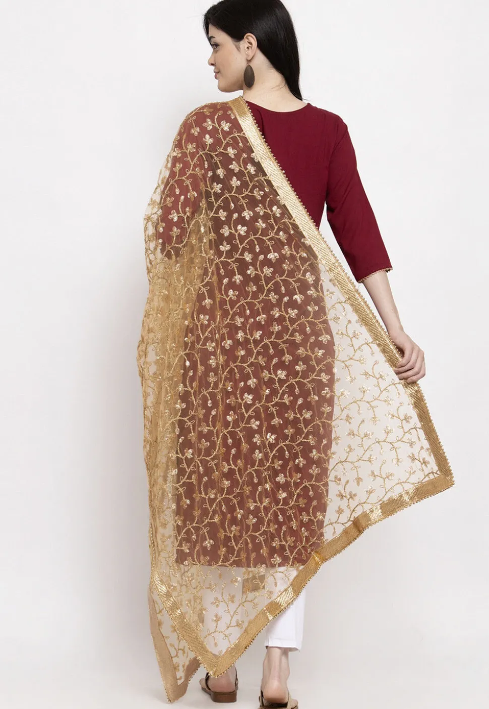 Embroidered Net Dupatta in Beige