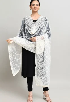 Embroidered Net Dupatta in Off White