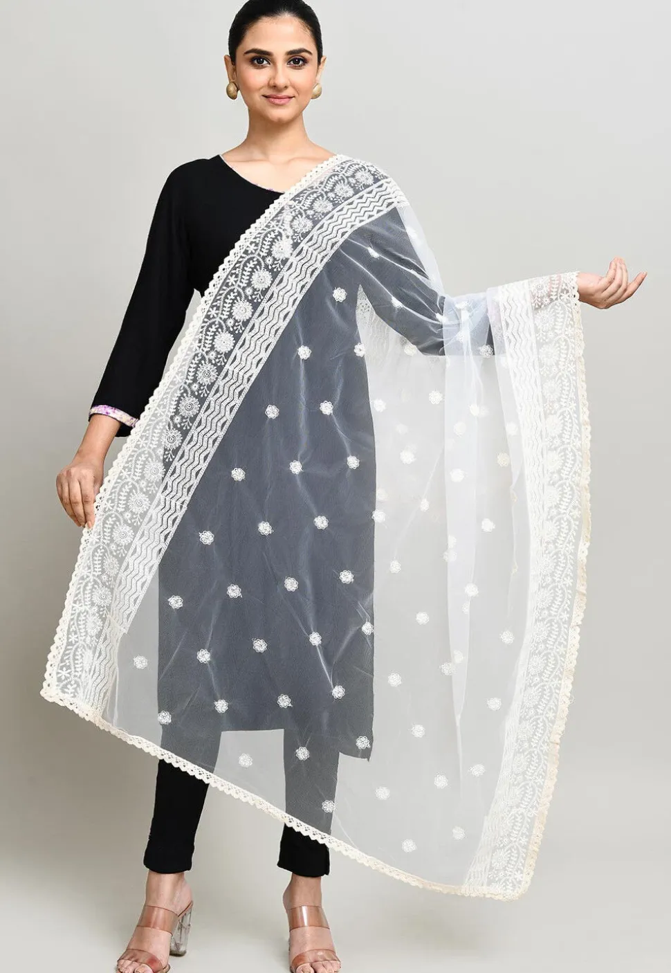Embroidered Net Dupatta in Off White