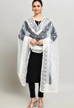 Embroidered Net Dupatta in Off White