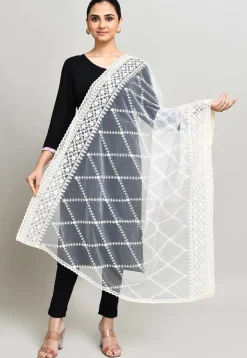 Embroidered Net Dupatta in Off White