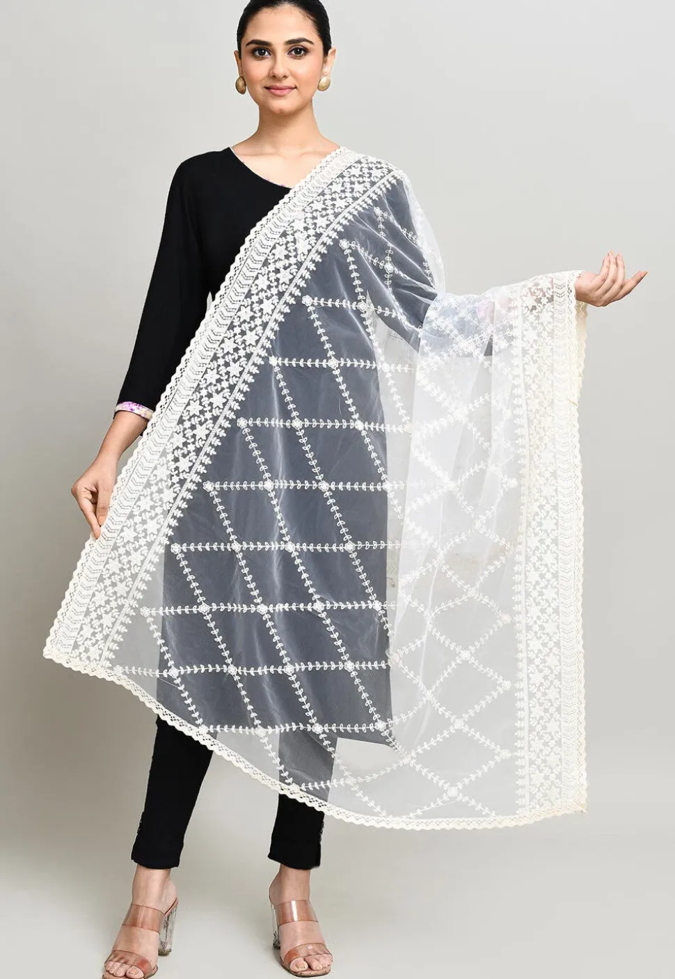 Embroidered Net Dupatta in Off White