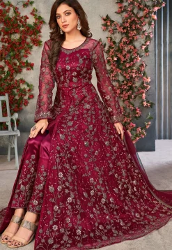 Embroidered Net Front Slit Abaya Style Suit in Maroon