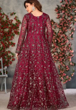 Embroidered Net Front Slit Abaya Style Suit in Maroon