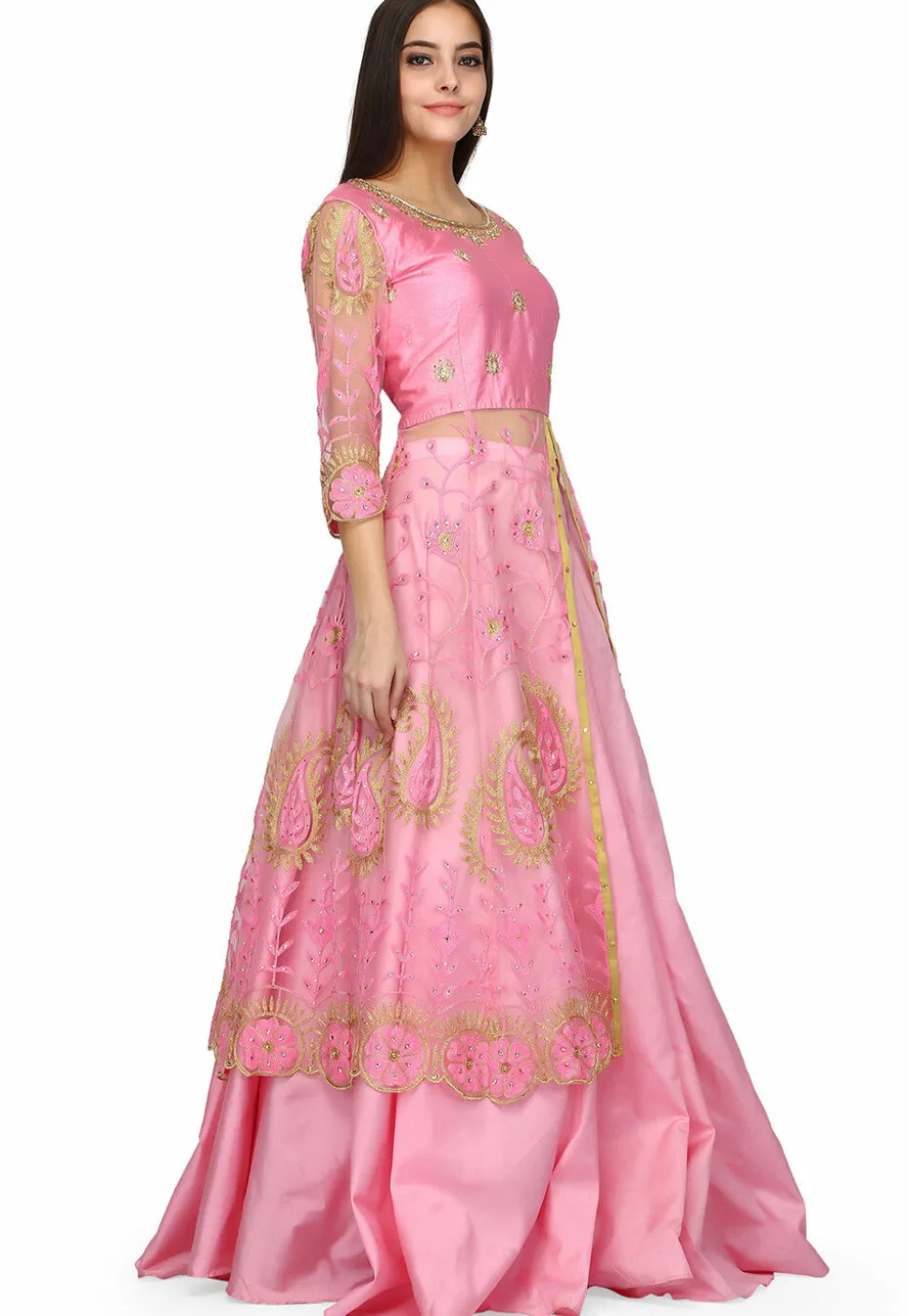 Embroidered Net Front Slit Lehenga in Pink