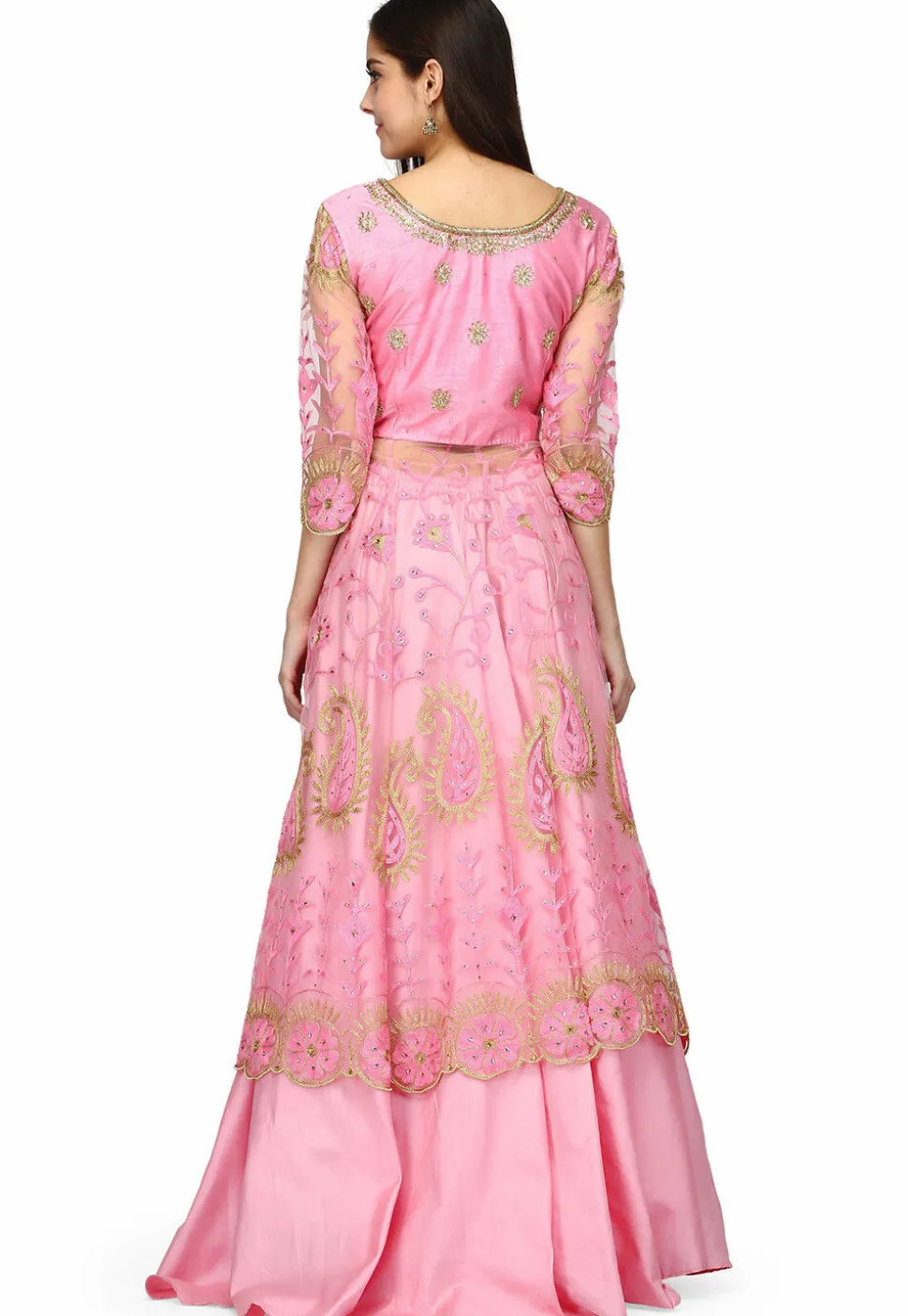 Embroidered Net Front Slit Lehenga in Pink