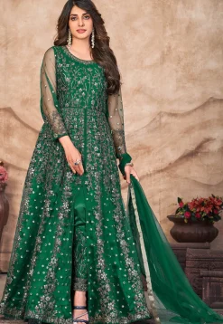 Embroidered Net Front Slit Abaya Style Suit in Green