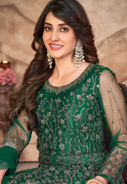 Embroidered Net Front Slit Abaya Style Suit in Green