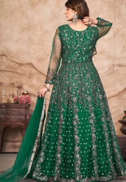 Embroidered Net Front Slit Abaya Style Suit in Green