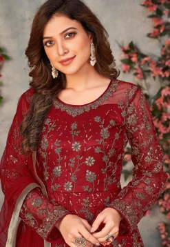 Embroidered Net Front Slit Abaya Style Suit in Maroon