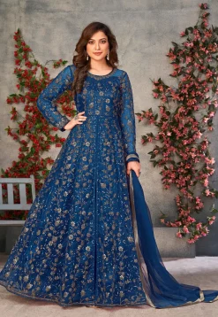 Embroidered Net Front Slit Abaya Style Suit in Teal Blue