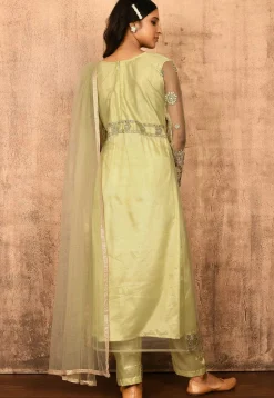 Embroidered Net Front Slit Pakistani Suit in Light Green
