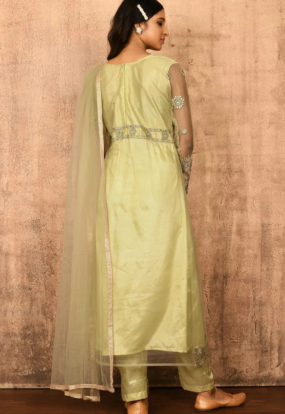 Embroidered Net Front Slit Pakistani Suit in Light Green
