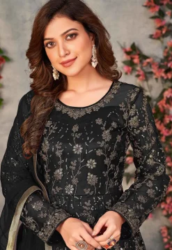 Embroidered Net Front Slit Abaya Style Suit in Black