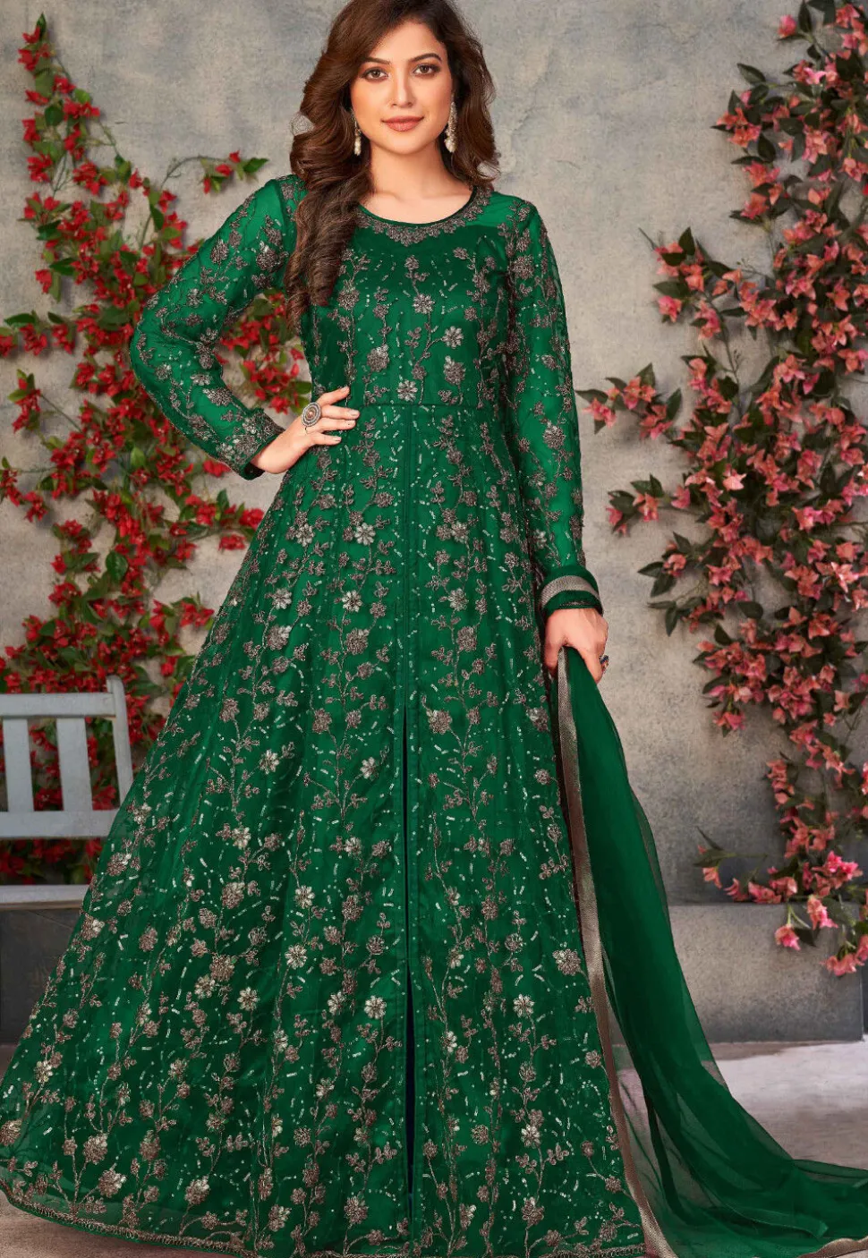 Embroidered Net Front Slit Abaya Style Suit in Green