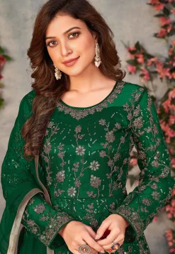Embroidered Net Front Slit Abaya Style Suit in Green