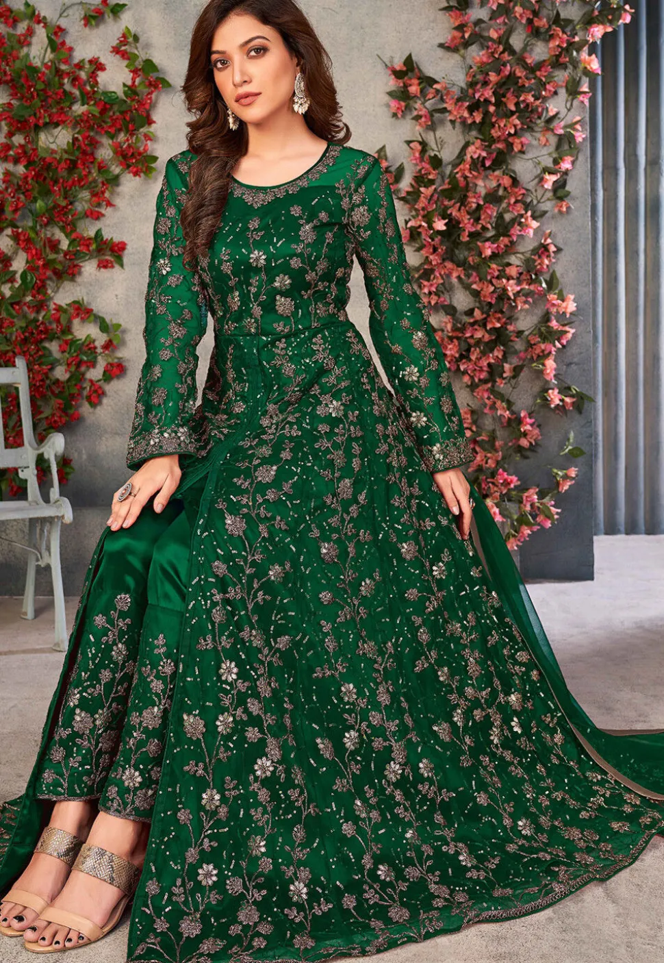 Embroidered Net Front Slit Abaya Style Suit in Green