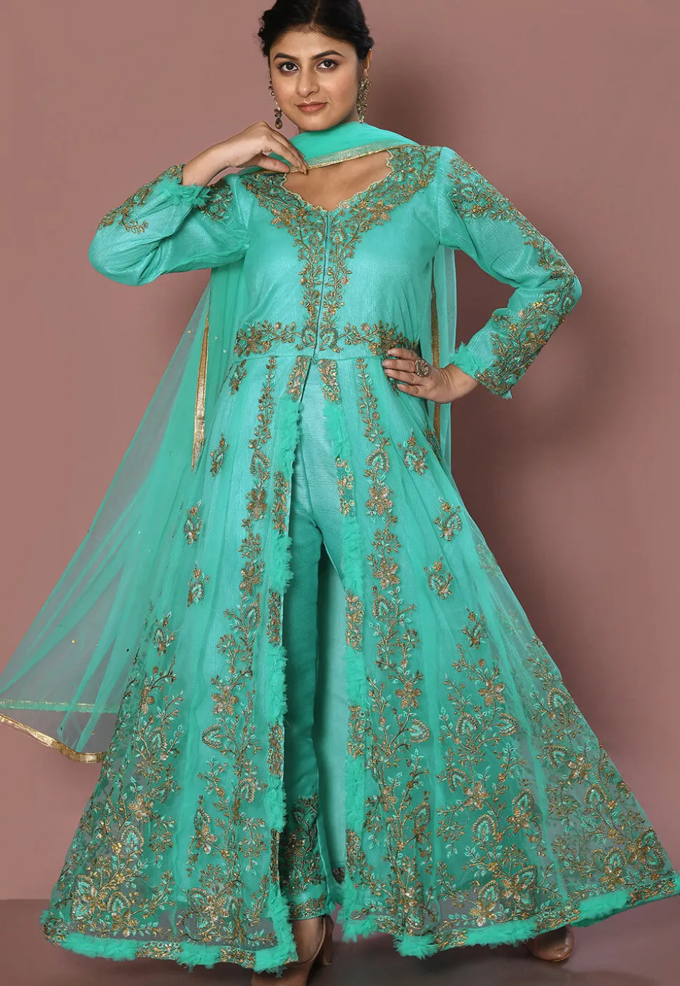 Embroidered Net Front Slit Pakistani Suit in Turquoise