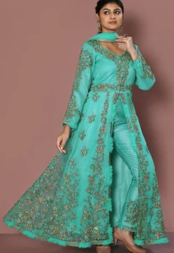 Embroidered Net Front Slit Pakistani Suit in Turquoise