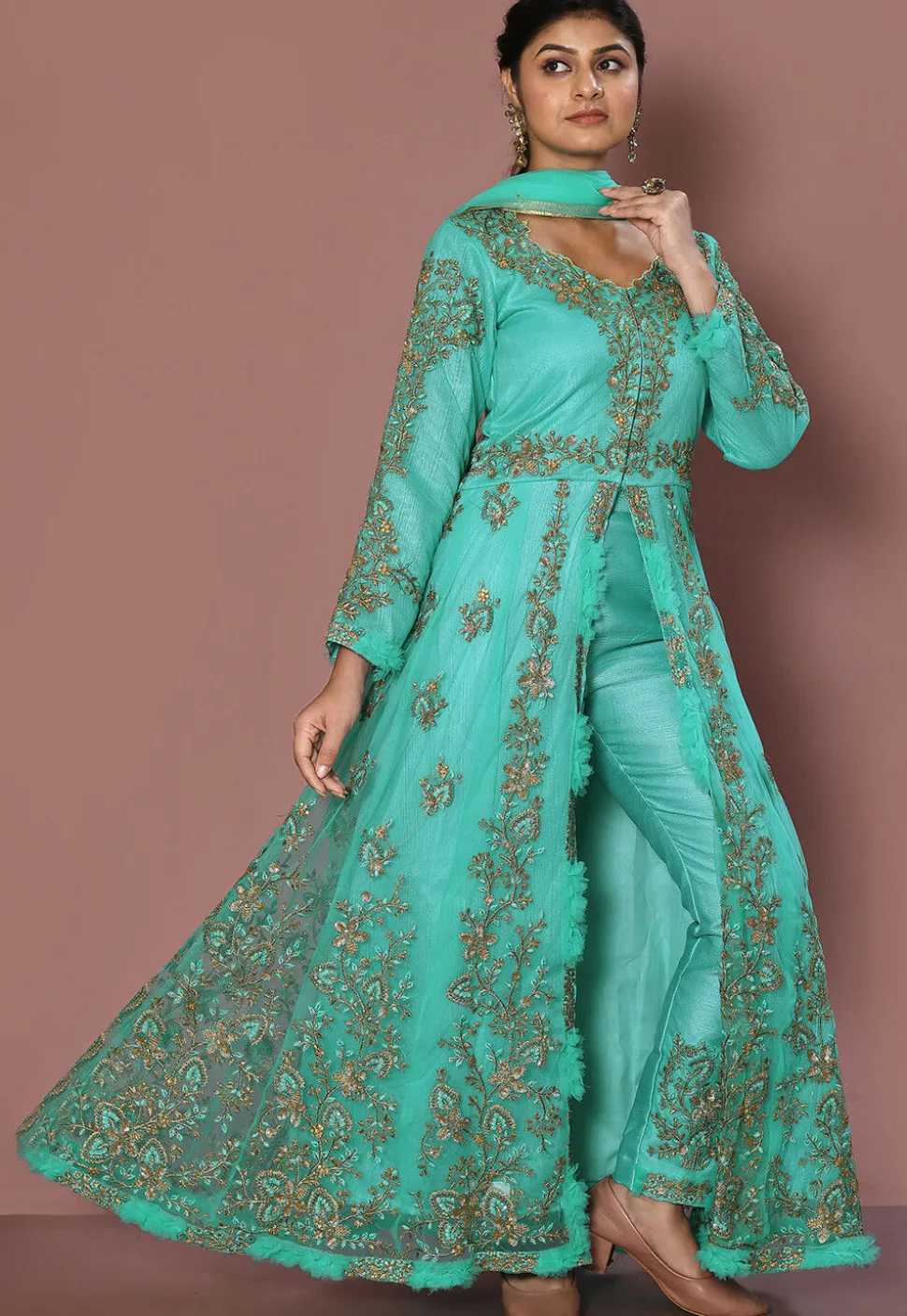 Embroidered Net Front Slit Pakistani Suit in Turquoise